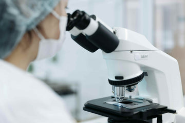 scientist looking through the eyepieces of a lmicroscope