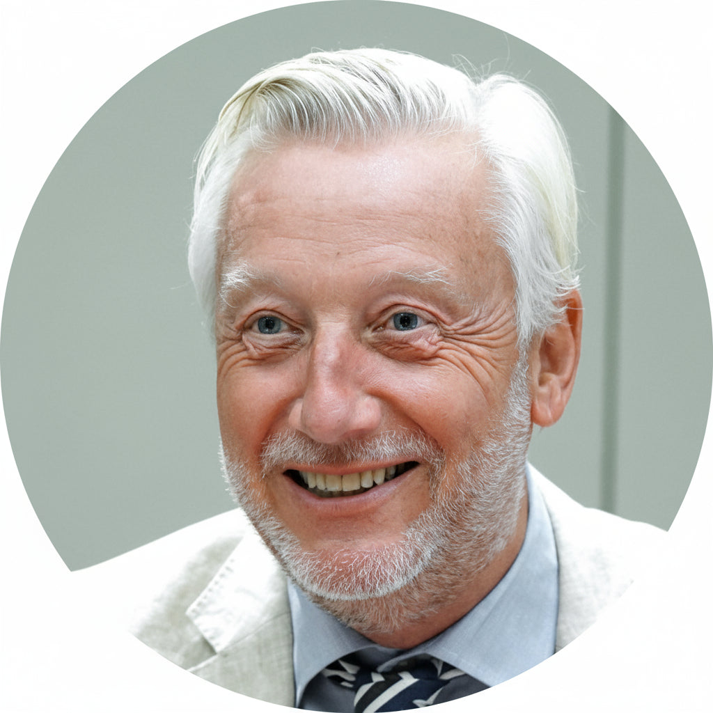 Man with white hair and beard wearing a light-colored suit against a neutral background