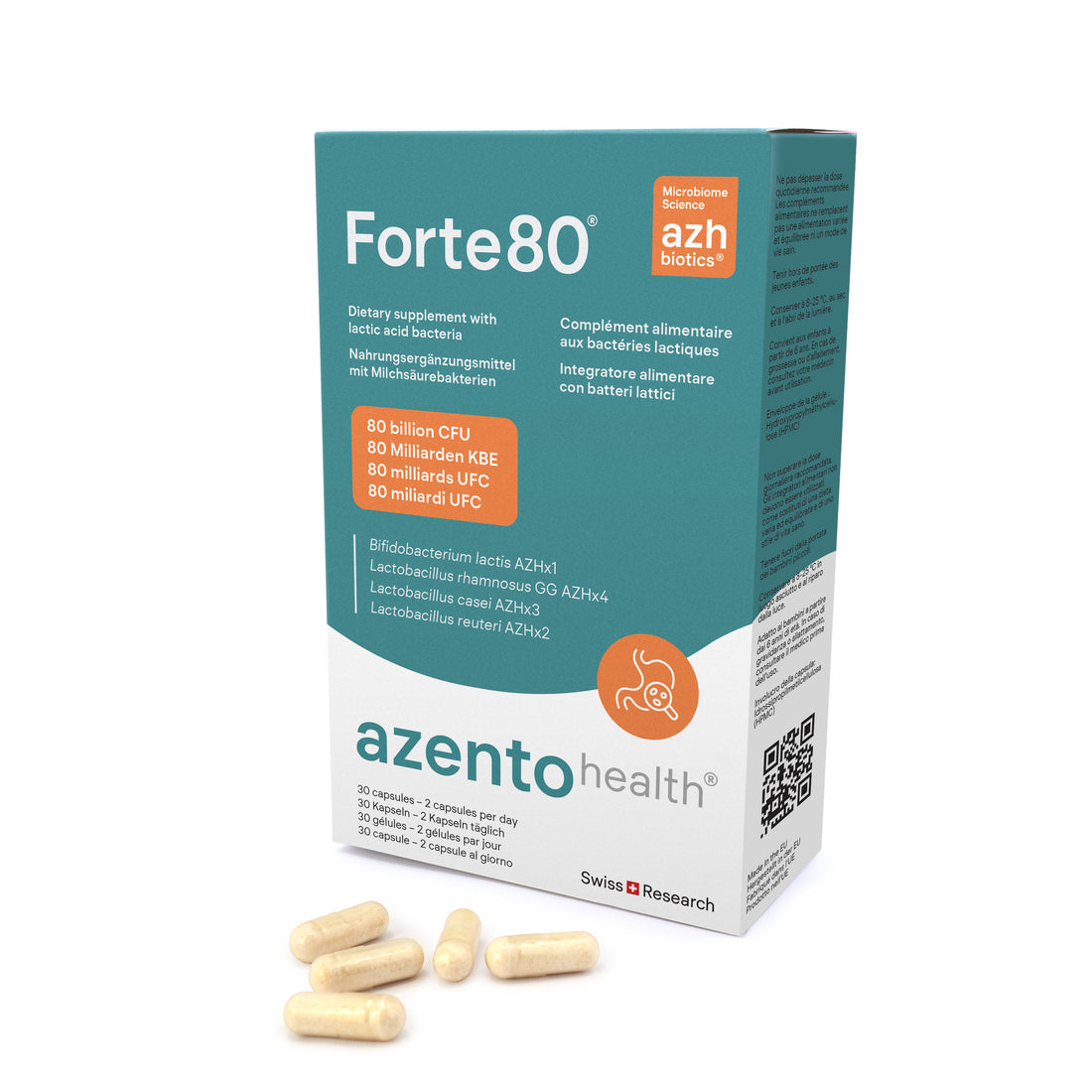 Forte80 dietary supplement packaging with capsules on a white background