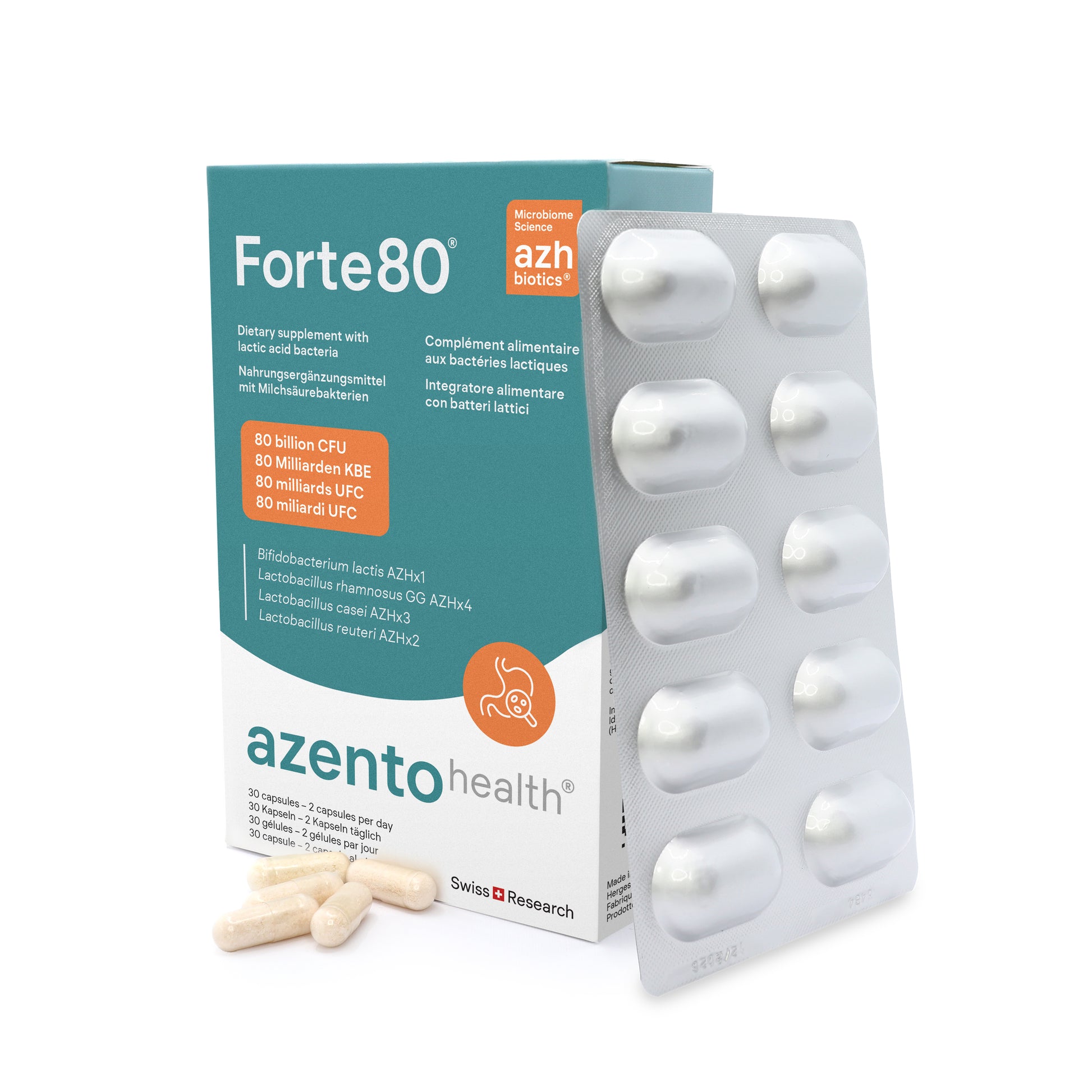 Forte80 supplement packaging with tablets on a white background