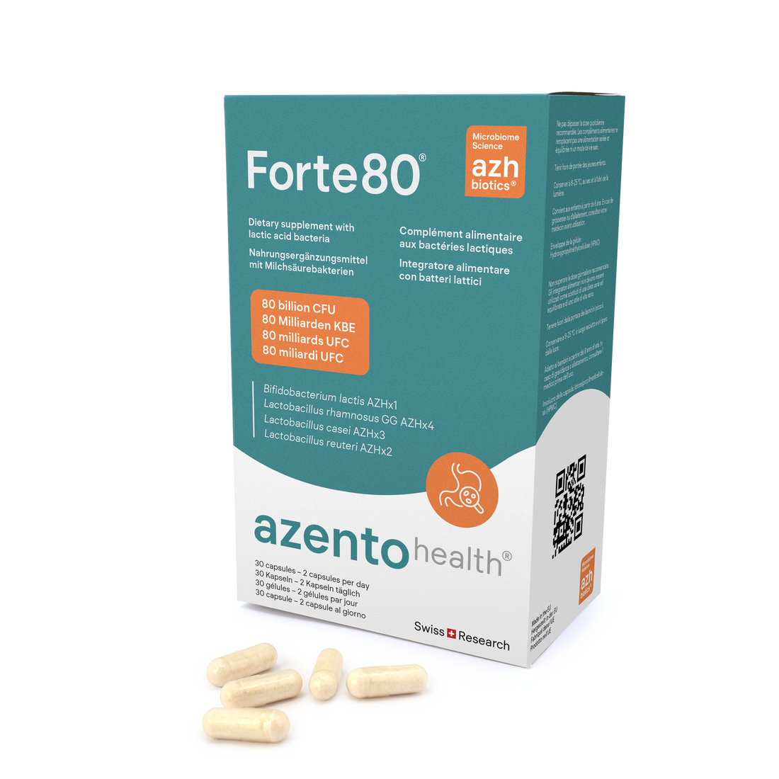 Forte80 dietary supplement packaging with capsules on a white background