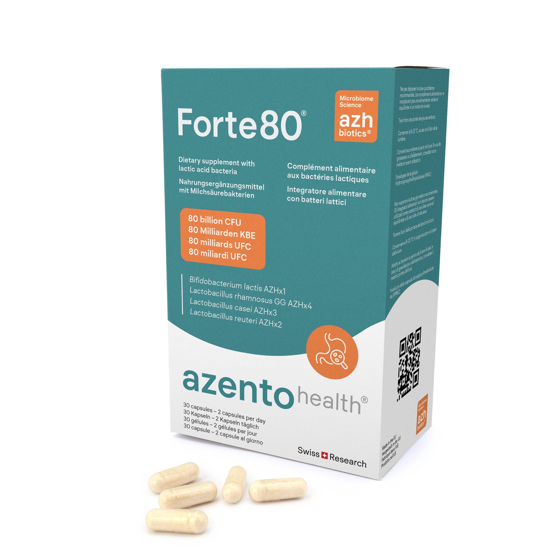 Forte80 dietary supplement packaging with capsules on a white background