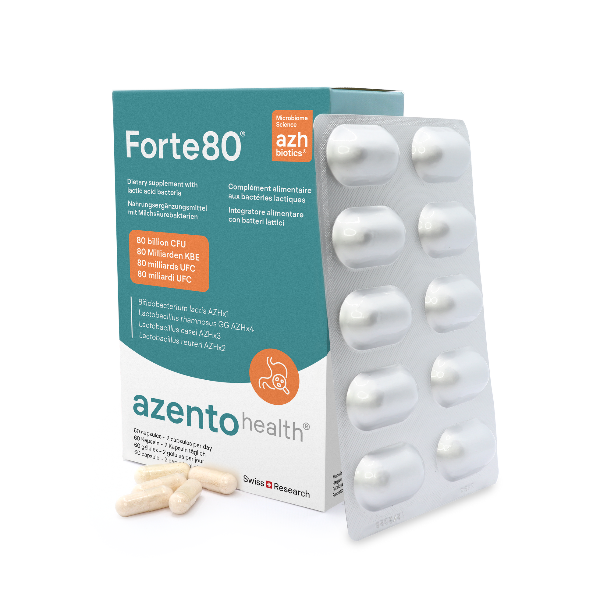 Forte80 supplement packaging with white capsules on a white background
