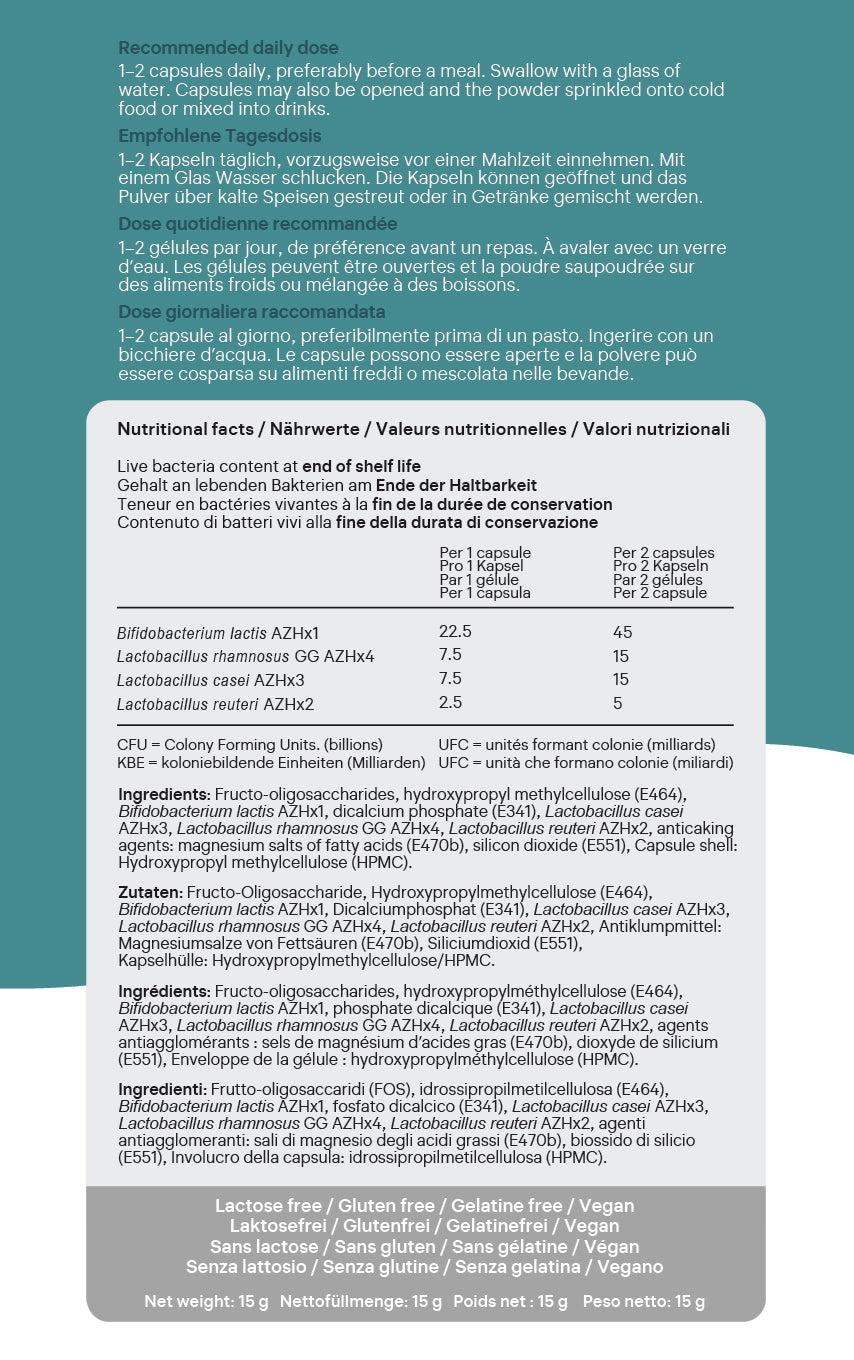 Nutritional label and ingredient list on a blue background