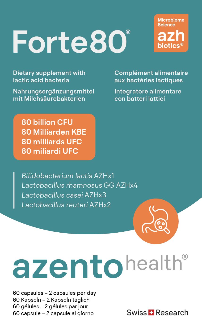 Forte80 dietary supplement packaging with azh biotics and azento health branding.