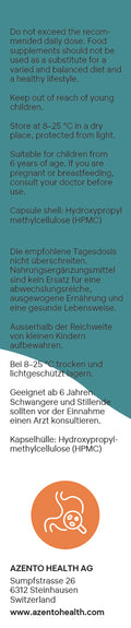 Health product label with text and logo, featuring AZENTO HEALTH AG.
