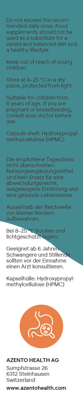 Health product label with text and logo, featuring AZENTO HEALTH AG.