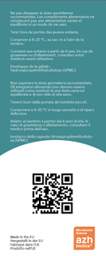 Product label with text and a QR code on a blue background