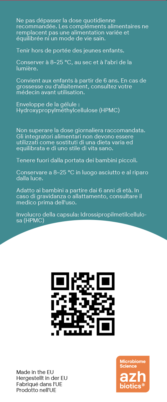 Product label with text and a QR code on a blue background
