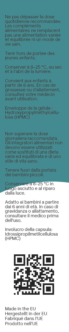 Product label with text and a QR code on a white background